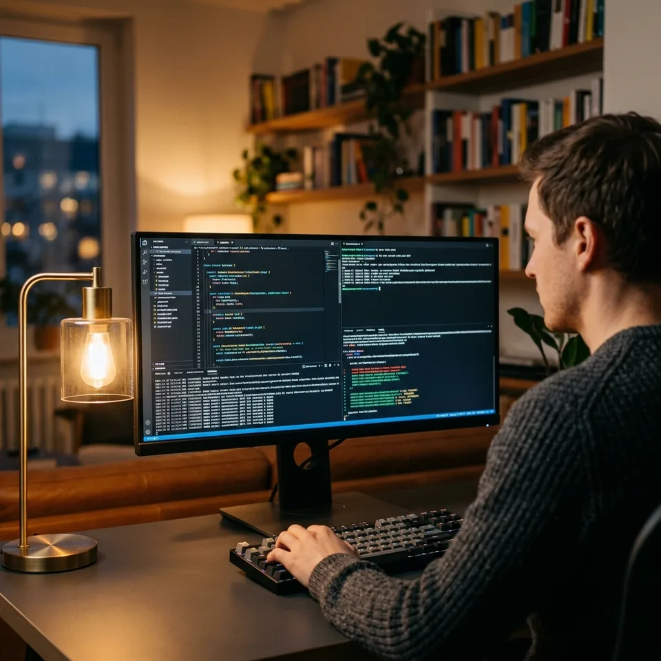 A developer reviewing command-line logs and AI code suggestions on a dark mode IDE monitor in a professional setup.