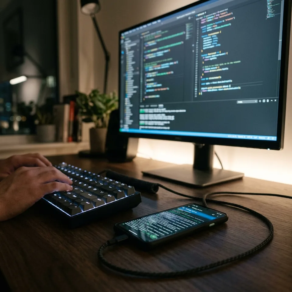 A glowing Android mobile device connected via cable to a desktop computer displaying a coding environment, exemplifying testing and device interaction.