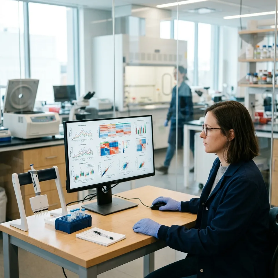 Modern lab bench with computational tools displaying medical data alongside clean biological equipment