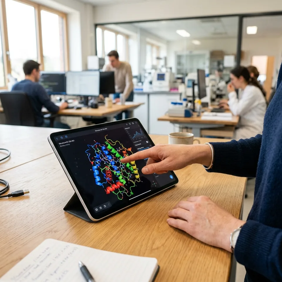 Computational biologists examining complex 3D molecular structures on a modern tablet interface