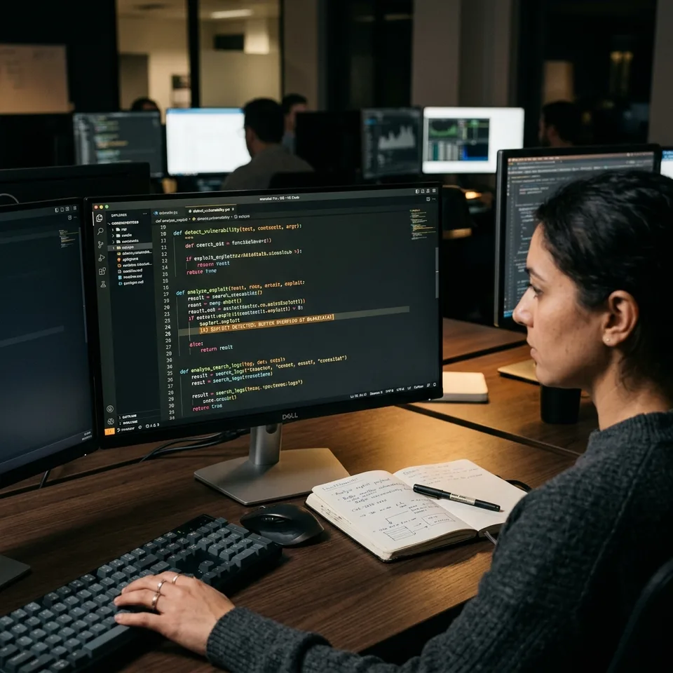 A dark mode IDE showing lines of code highlighting a potential exploit on a monitor