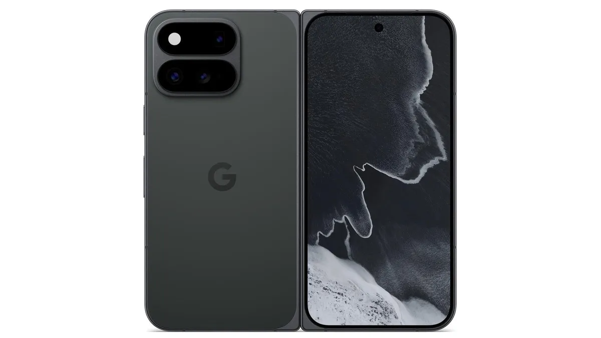 Google Pixel 11 Pro Fold in Obsidian, opened, shown from the back and with its inner screen