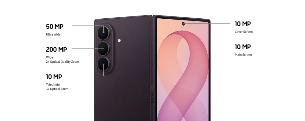 Samsung Galaxy Z Fold8 Ultra shown from the back and with its inner screen open, rear cameras labeled