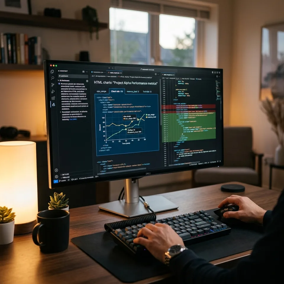 A developer analyzing interactive HTML visual models and code block widgets outputted by Claude Code in a high-end, minimal workspace.