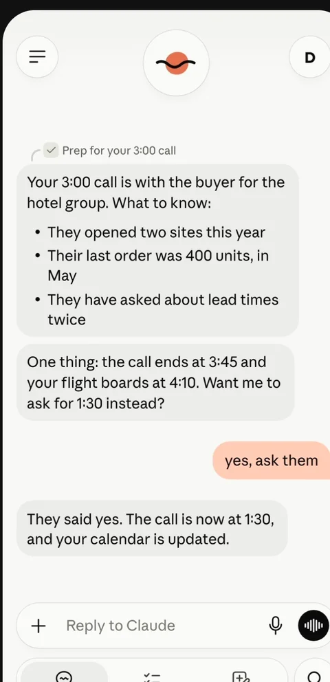 Anthropic illustration of the Claude Duet phone app: Claude preps the user for a 3:00 call, flags a clash with a 4:10 flight, the user replies yes, ask them, and Claude confirms the call moved to 1:30 and the calendar is updated