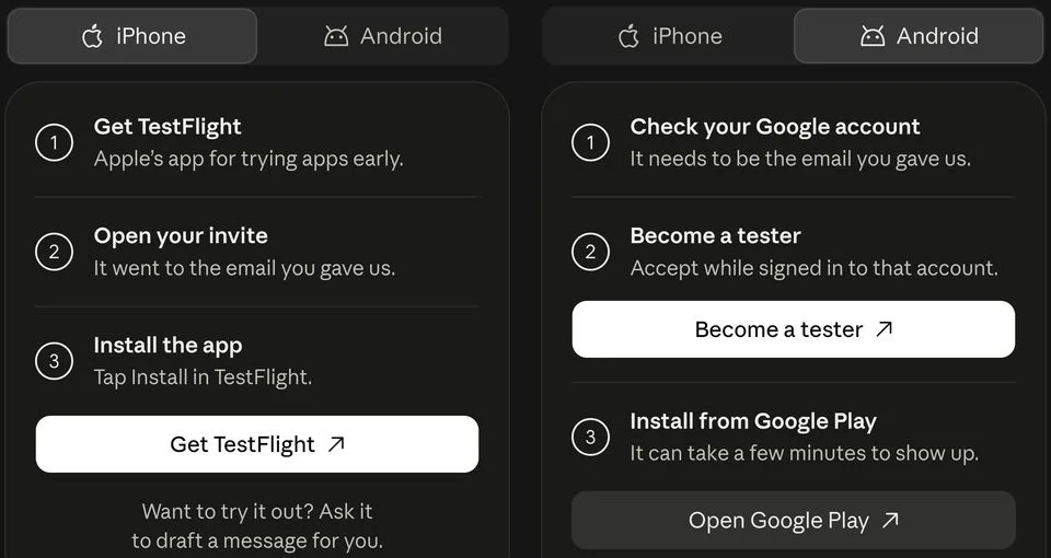 Two Claude Duet setup panels side by side: iPhone steps to get TestFlight, open the emailed invite and install, and Android steps to check your Google account, become a tester and install from Google Play