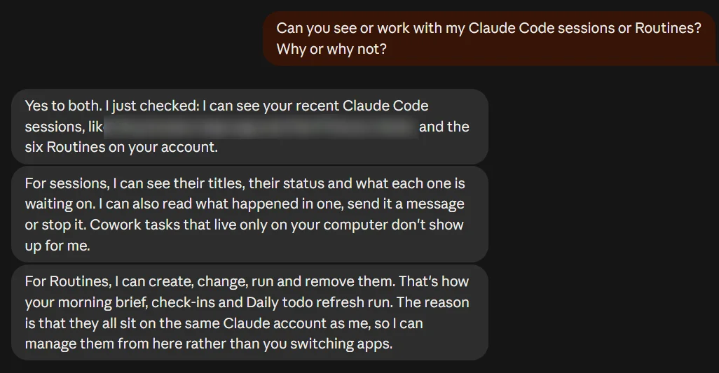 Claude Duet replying that it can see recent Claude Code sessions and six Routines, read, message or stop a session, and create, change, run and remove Routines, with the session names blurred