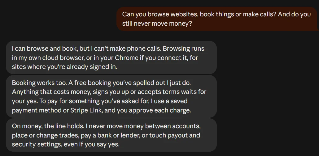 Claude Duet replying that it can browse and book but can't make phone calls, pays only with a saved payment method or Stripe Link with approval for each charge, and never moves money between accounts or places trades