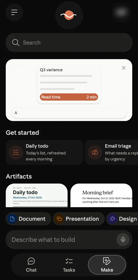 Claude Duet Make tab with a search bar, Get started cards for Daily todo and Email triage, an Artifacts shelf showing a Daily todo sheet and a Morning brief, Document, Presentation and Design buttons, a Describe what to build box, and Chat, Tasks and Make tabs at the bottom