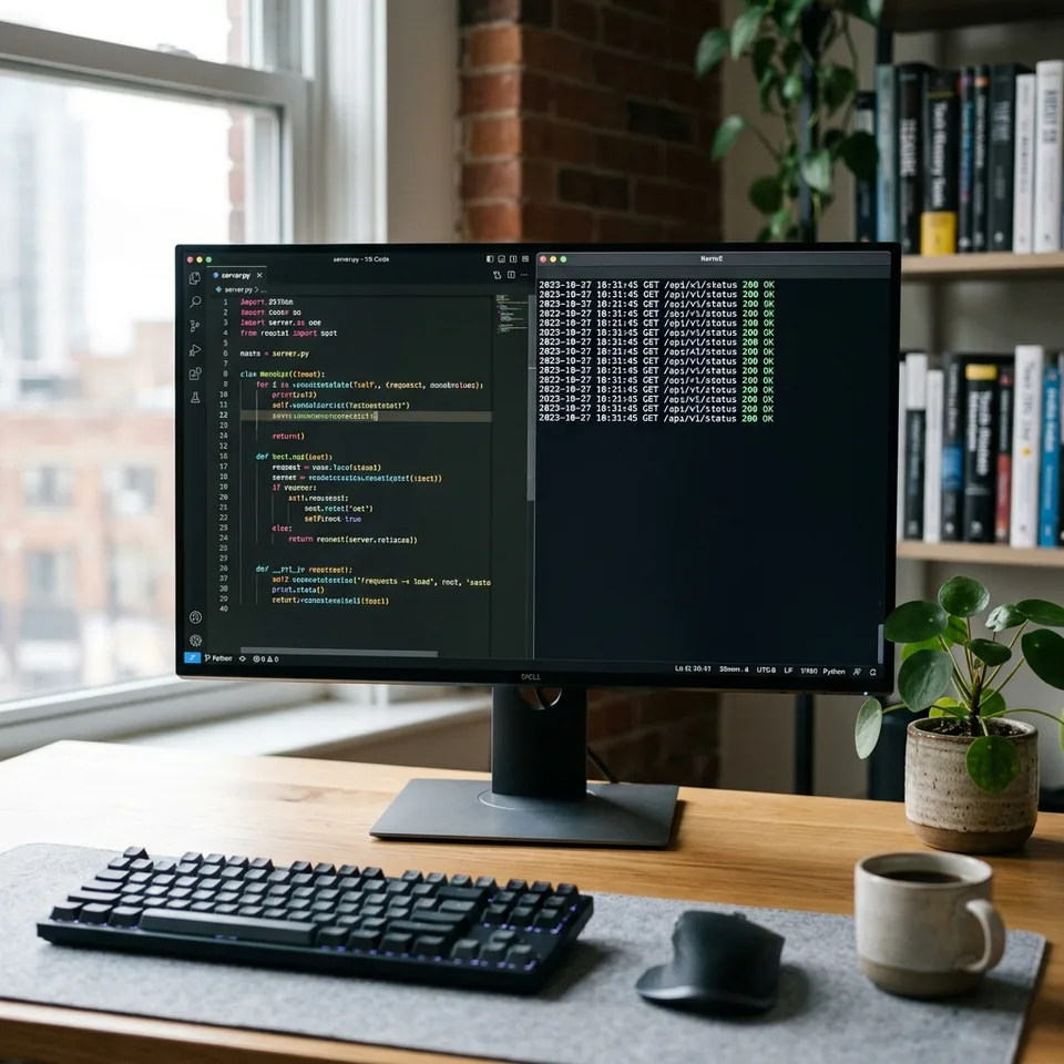 A professional photographic shot of a clean developer workstation showing a widescreen monitor with code review logs