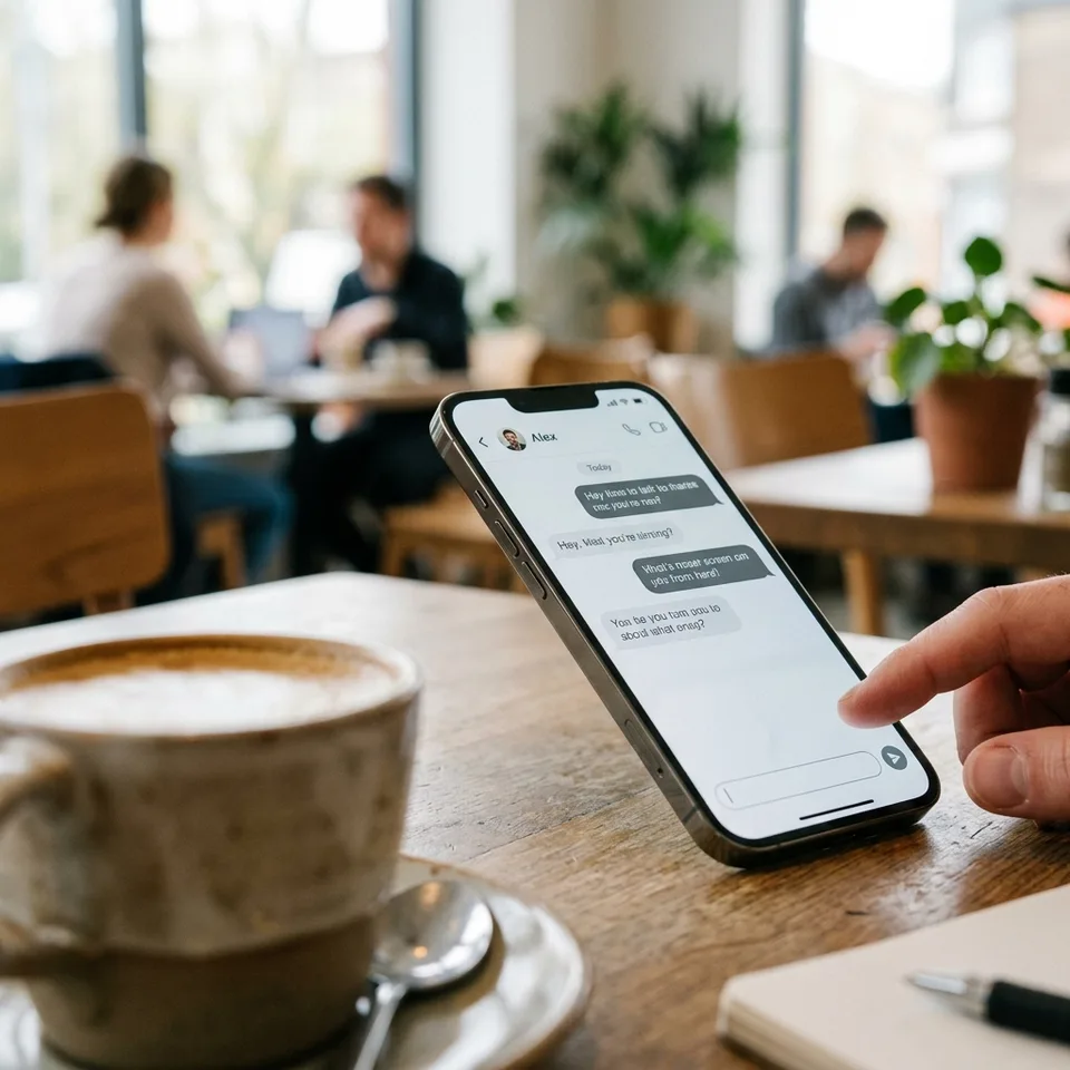 Close-up of a modern smartphone resting on a café table displaying a sleek chat interface with morning light.