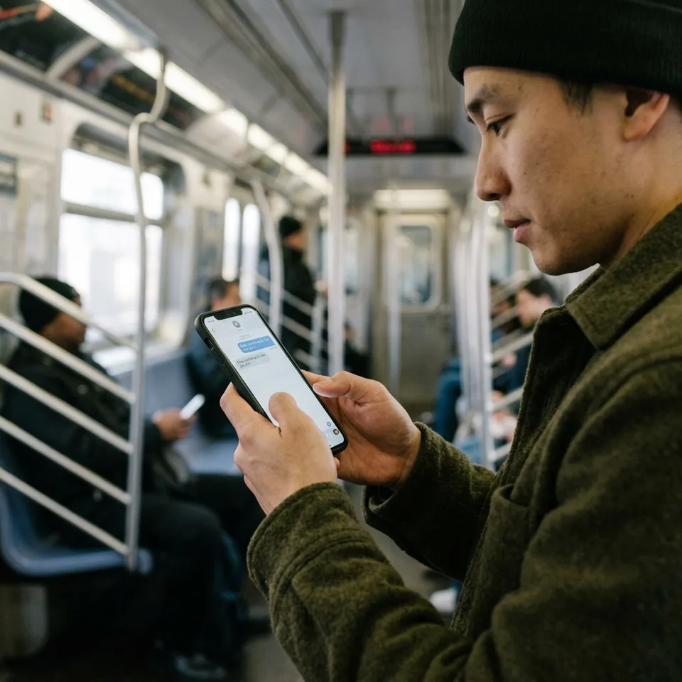 Person holding a smartphone on airplane mode in a subway car, reading an AI response.