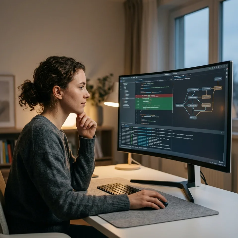 A developer reviewing active multi-agent execution paths on a dark-themed visual canvas dashboard