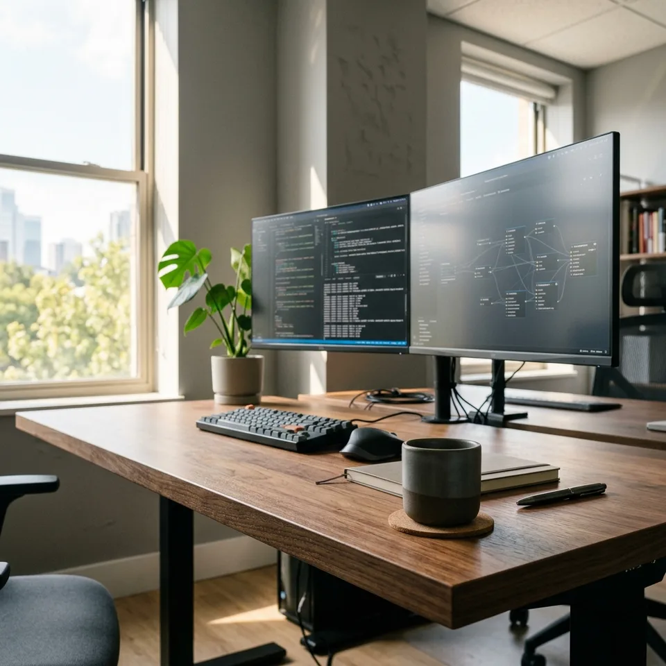 A clean, modern workspace featuring a dual-monitor setup demonstrating parallel terminal output and visual node-graph dashboards