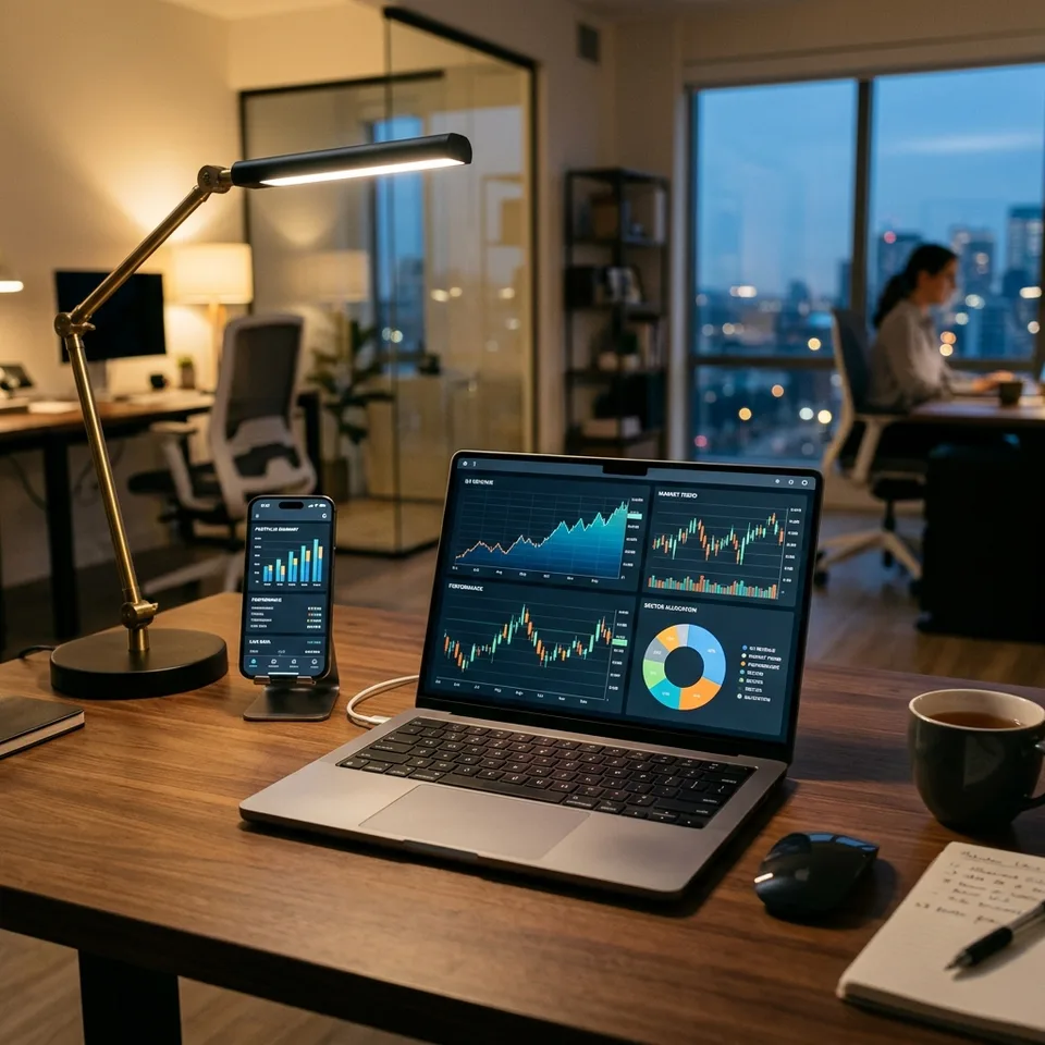 A sleek, modern dual-device mockup showing conversational AI financial analysis and real-time market data charts