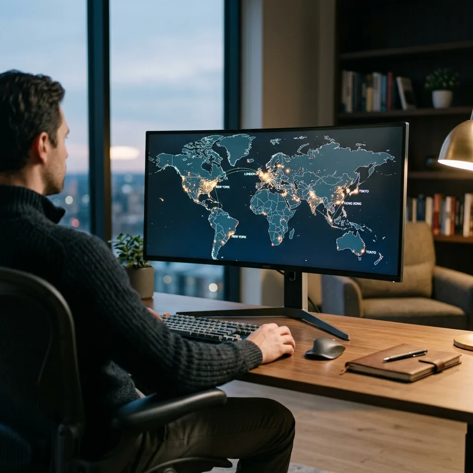 A global map visualization highlighting the flow of digital financial data points across continents