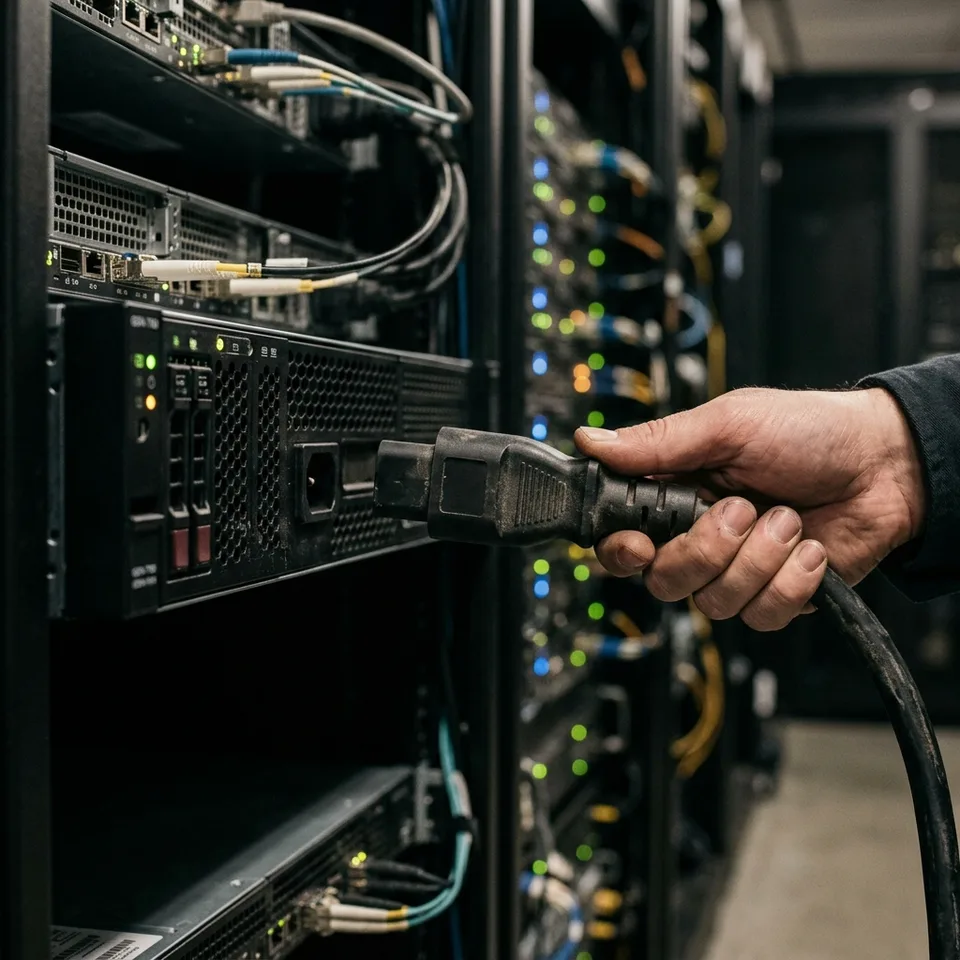 Heavy-duty industrial power cable disconnected from high-performance server chassis