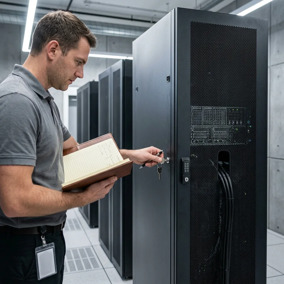 Security engineer inspecting a locked, standalone server rack in a secure facility