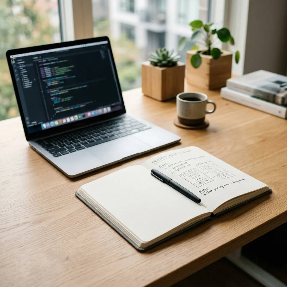 Physical notebook next to a modern laptop workstation