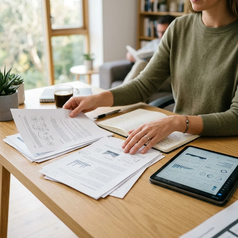 Hands organizing printed research papers alongside a modern tablet showing a digital document