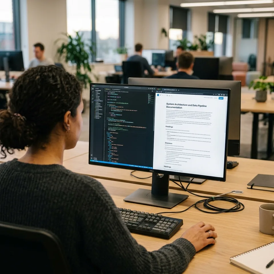 Data scientist working at a multi-monitor desk reviewing documentation alongside an IDE