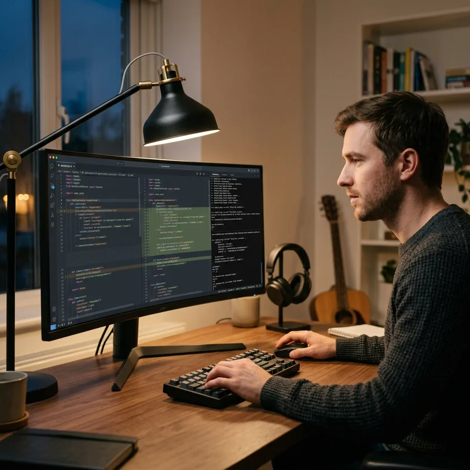 A developer reviewing terminal output and AI code suggestions on a dark mode screen