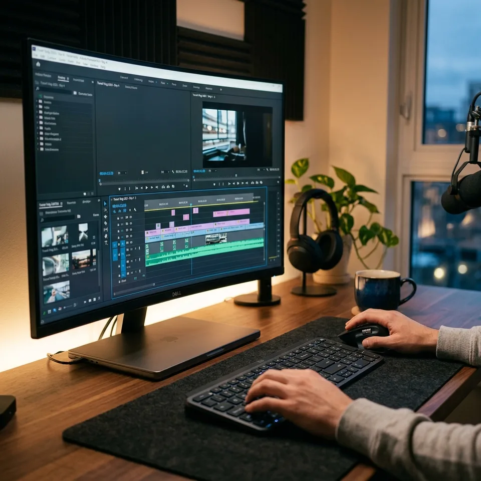 Creator's hands on a dark keyboard with a multi-track video editing timeline visible on a widescreen monitor