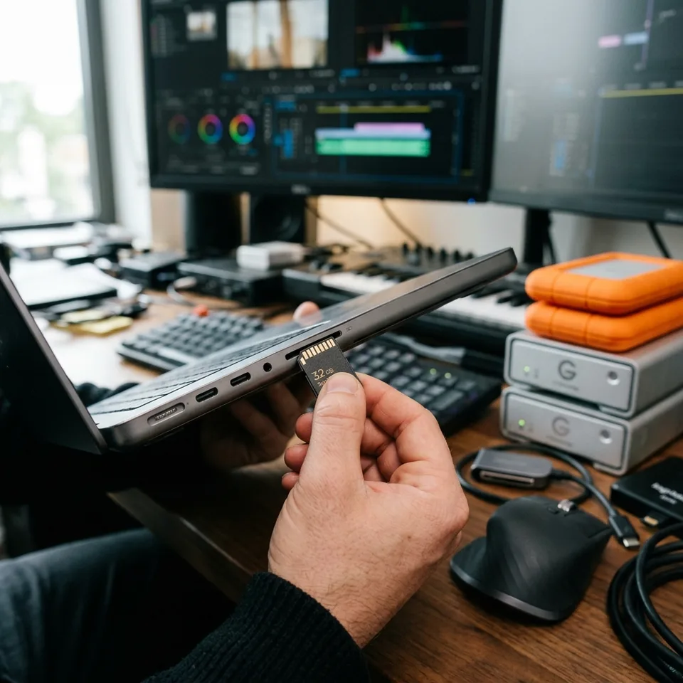 Professional video editor analyzing color grading on a sleek editing bay