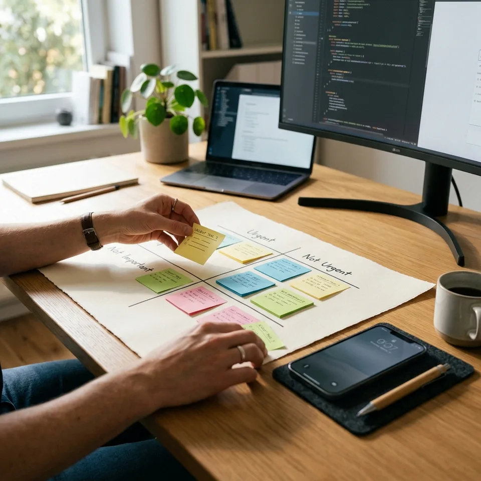 A close-up of a person's hands organizing physical sticky notes in a priority matrix on a desk, with a sleek smartphone resting nearby.