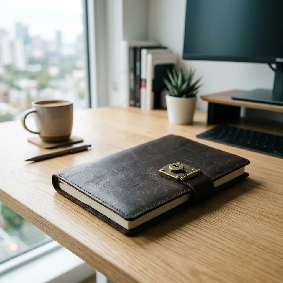 A physical journal with a metallic lock resting closed on a modern desk.