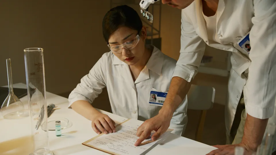 two scientists in lab coats reviewing handwritten notes at a laboratory bench