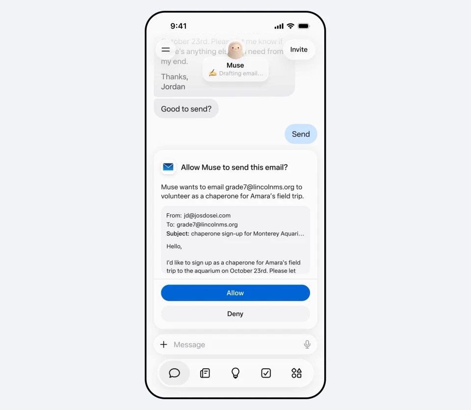Muse app showing an Allow Muse to send this email approval prompt with Allow and Deny buttons