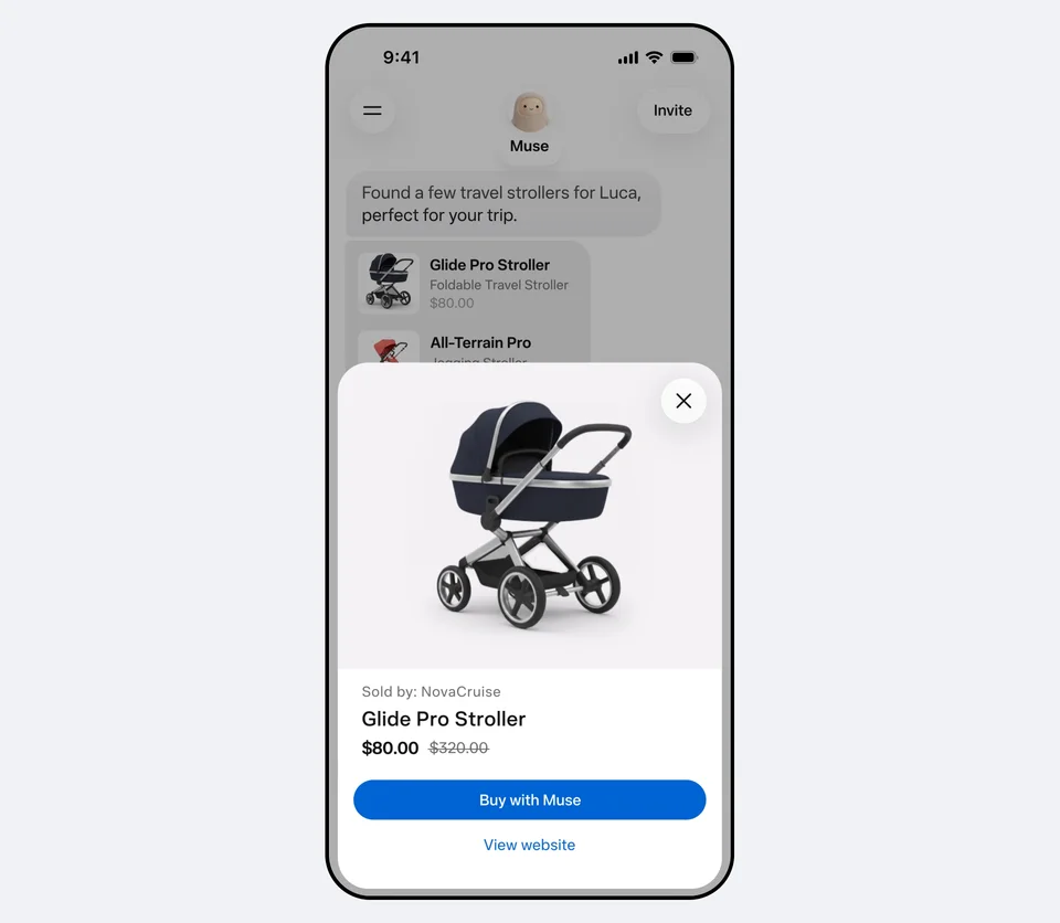Muse app showing a travel stroller product card with a Buy with Muse button