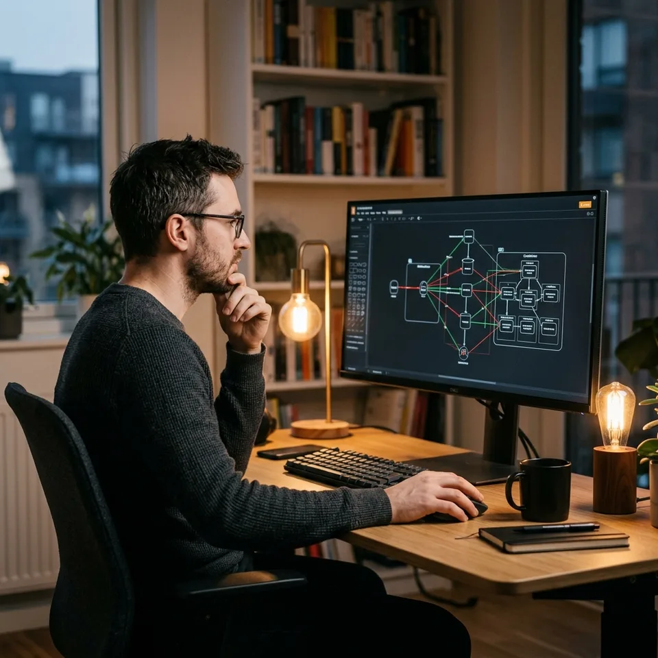 Developer interacting with a complex architecture graph on a screen