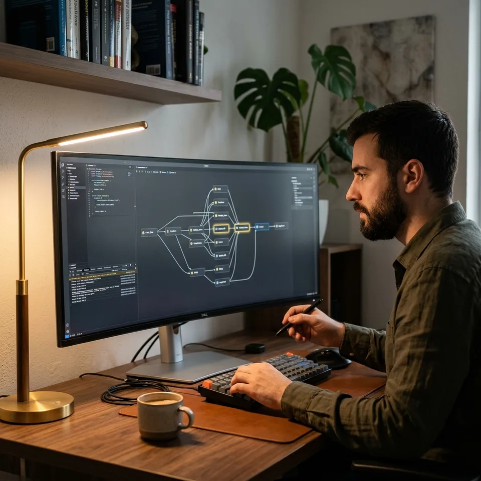 A developer reviewing an intricate node-based workflow diagram on a widescreen monitor in a home office