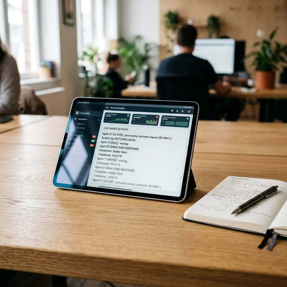 A tablet displaying real-time streaming text and active agent states resting on a desk