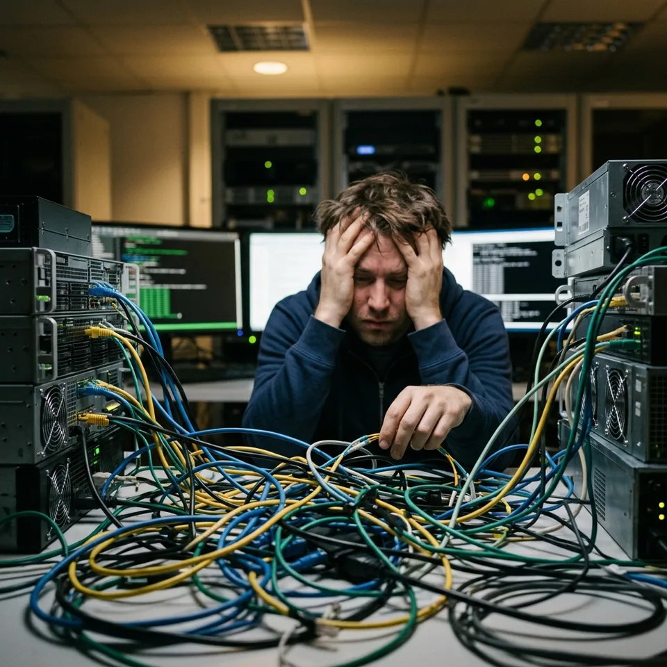 Engineer managing tangled cables representing messy API integrations