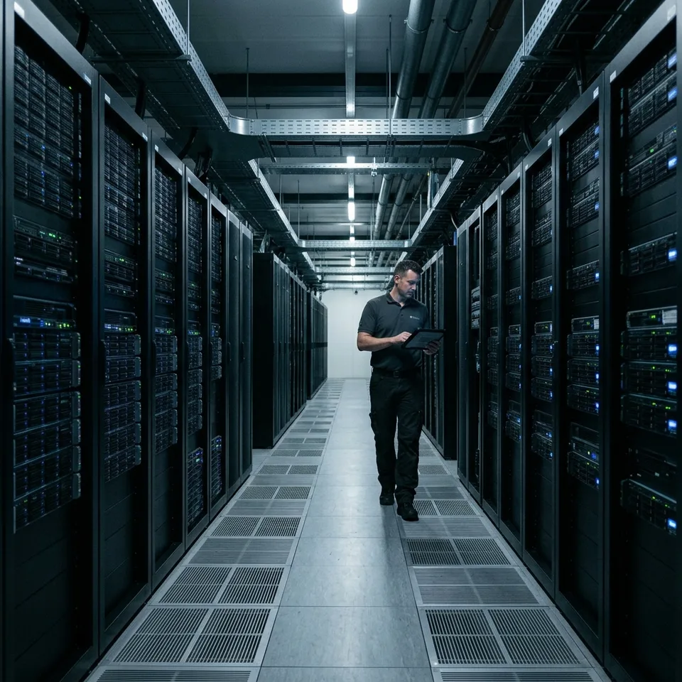 Massive, dark corporate server room with rows of compute clusters emitting a soft blue glow