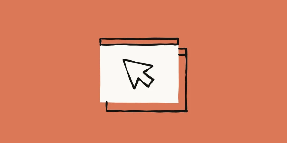 Hand-drawn illustration of a mouse cursor over a browser window on an orange background
