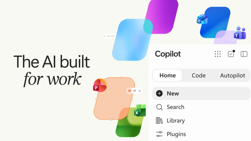 Copilot app sidebar with Home, Code and Autopilot tabs next to the words The AI built for work