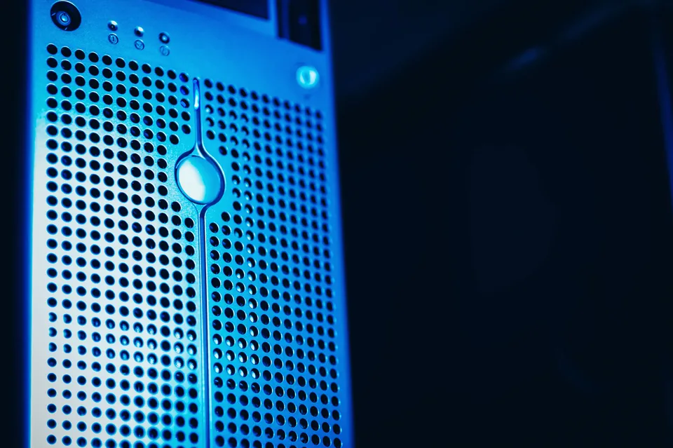 A close-up view of a blue server rack in a data center facility.