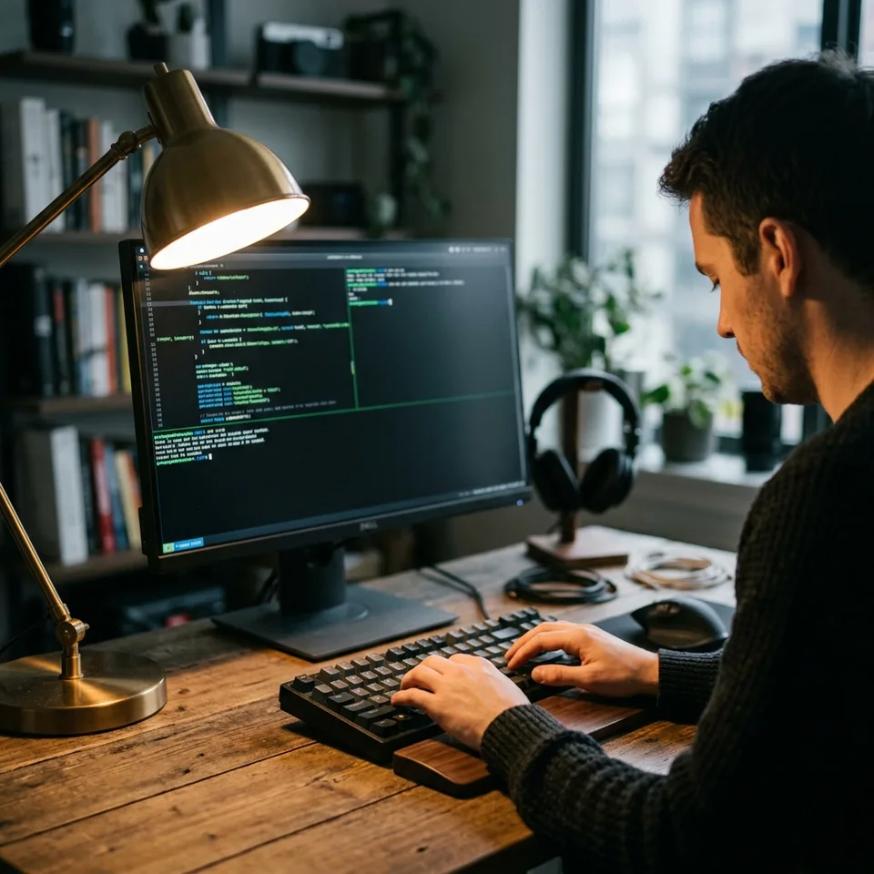 Local developer workstation running terminal with code execution under moody lighting