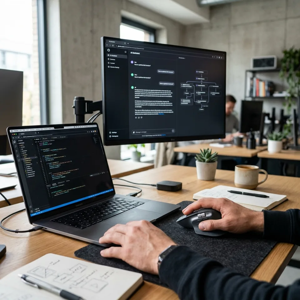 Close up of a developer's hand resting on a mouse near a secondary screen showing an interactive AI chatbot workflow in dark mode