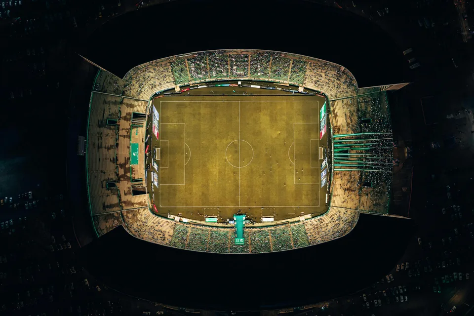 An aerial view of a soccer field from high above the stadium.