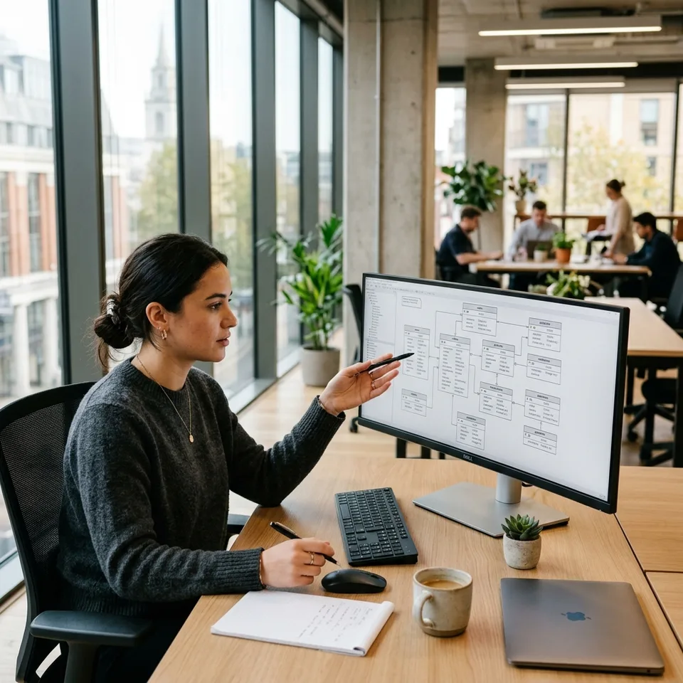 Developer reviewing complex entity-relationship diagrams and database structures on a widescreen monitor
