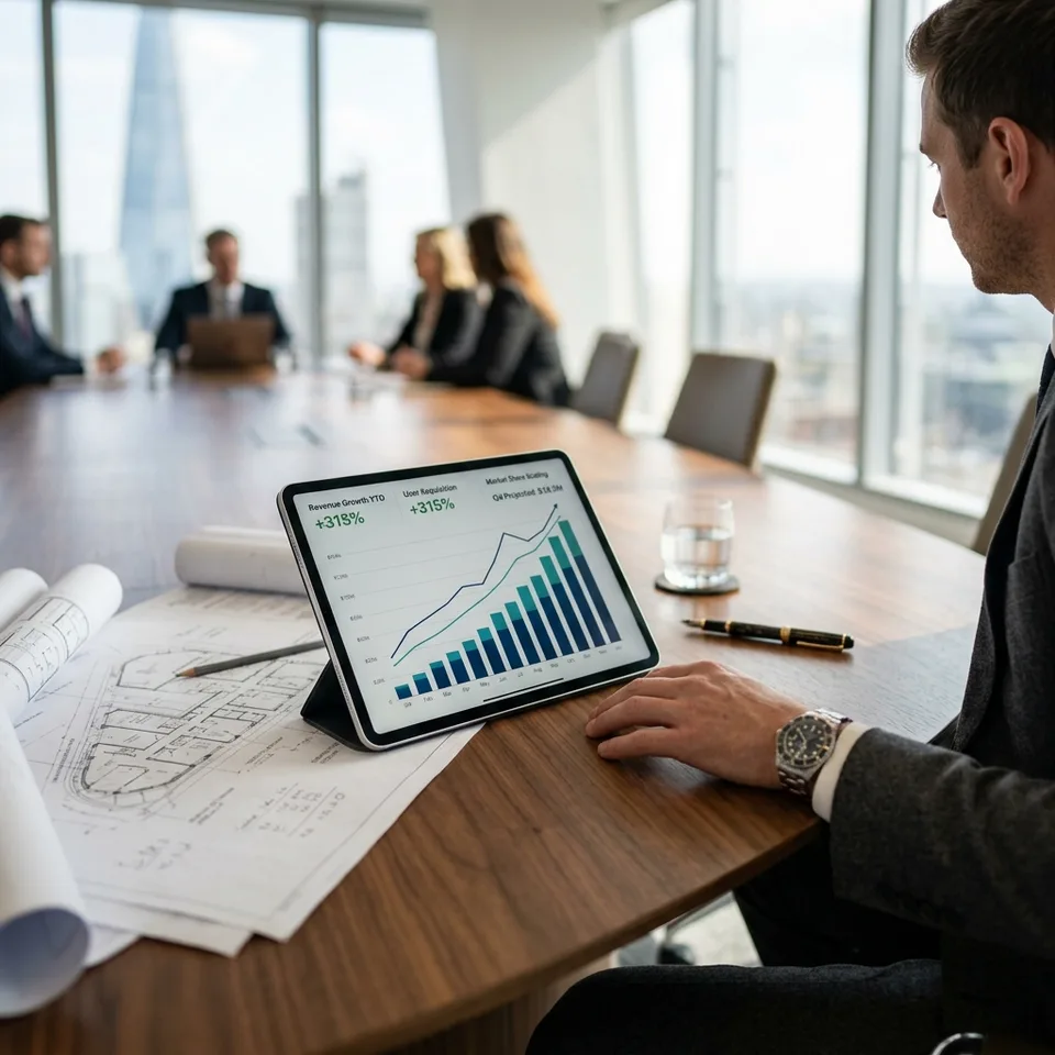 A tablet displaying a financial growth chart indicating rapid scaling in a corporate boardroom