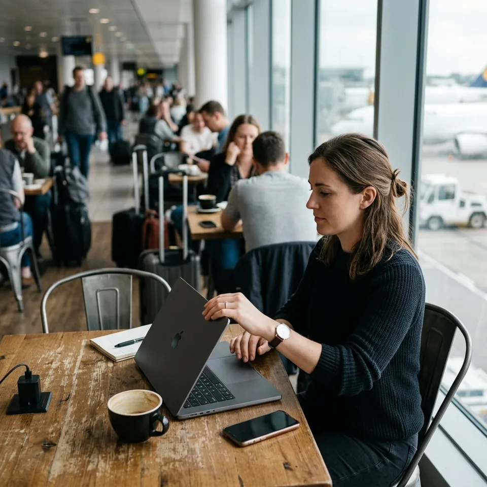 Person setting up secure Tailscale connection on a laptop at a cafe