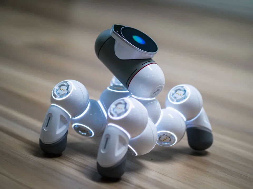 small white four-legged toy robot with glowing joints on a wooden table